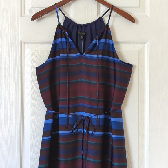 Banana Republic Striped Sleeveless Halter Flounce Hem A-Line Midi Dress Maroon S - Picture 2 of 15